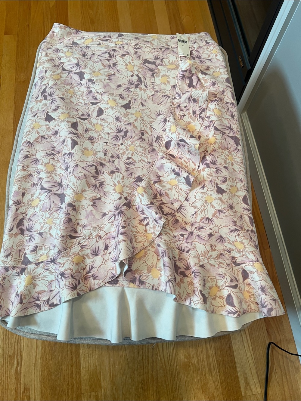 Anthropologie Pink and Cream Floral High-Low Ruffle Skirt